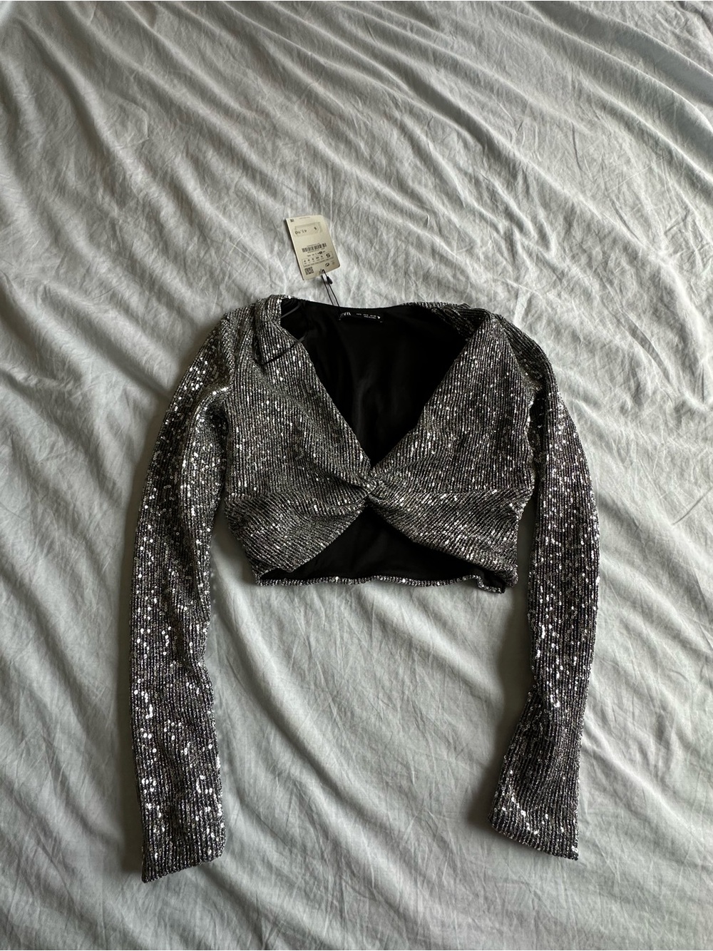 Zara Silver Sequin Twist-Front Long-Sleeve Crop Top